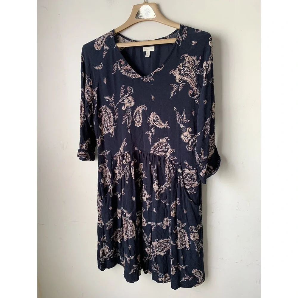 Garnet Hill Womens Dress 8‎ Dark Floral Paisley Fairy Country Blue Wedding Guest